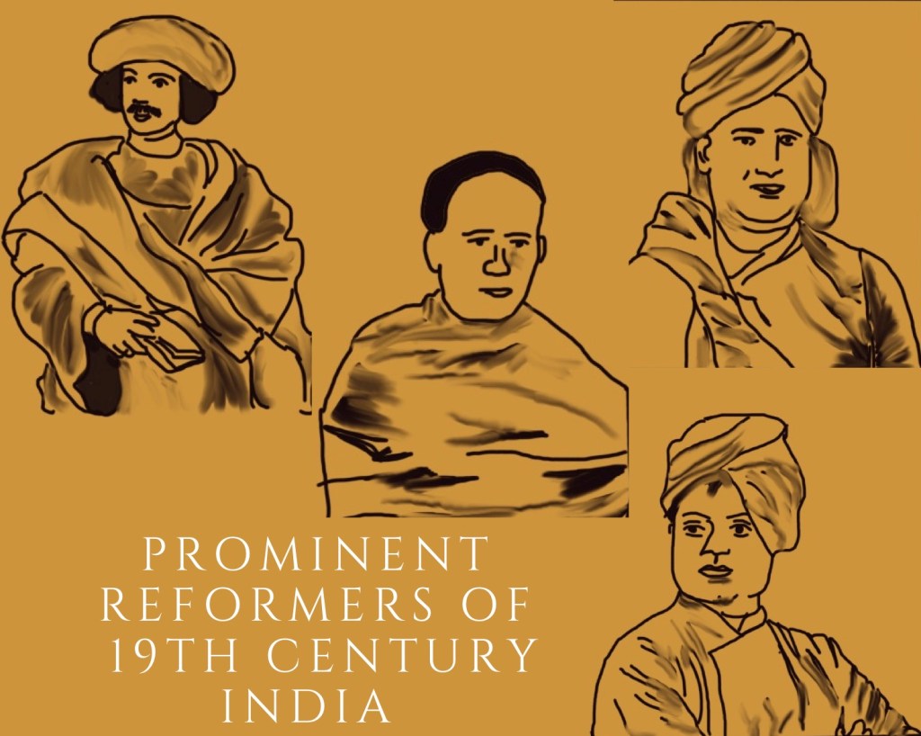 A collage of prominent social reformers of 19th century India: Raja RamMohun Roy, Ishwarchandra Vidyasagar, Swami Dayanand Saraswati, Swami Vivekananda